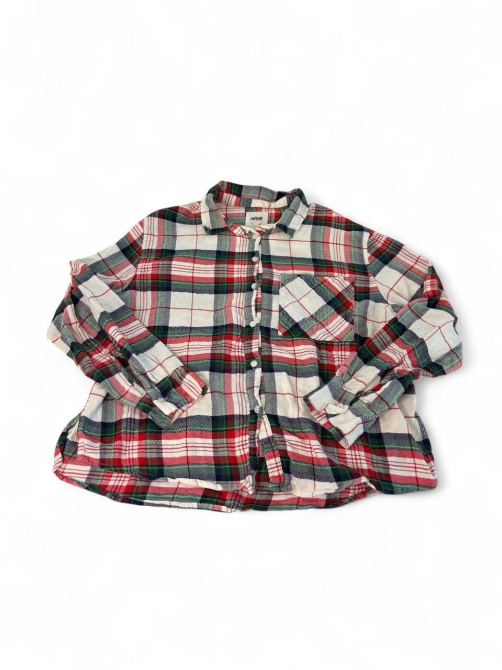 Aerie Red & Green Holiday Plaid Flannel Pajama Top